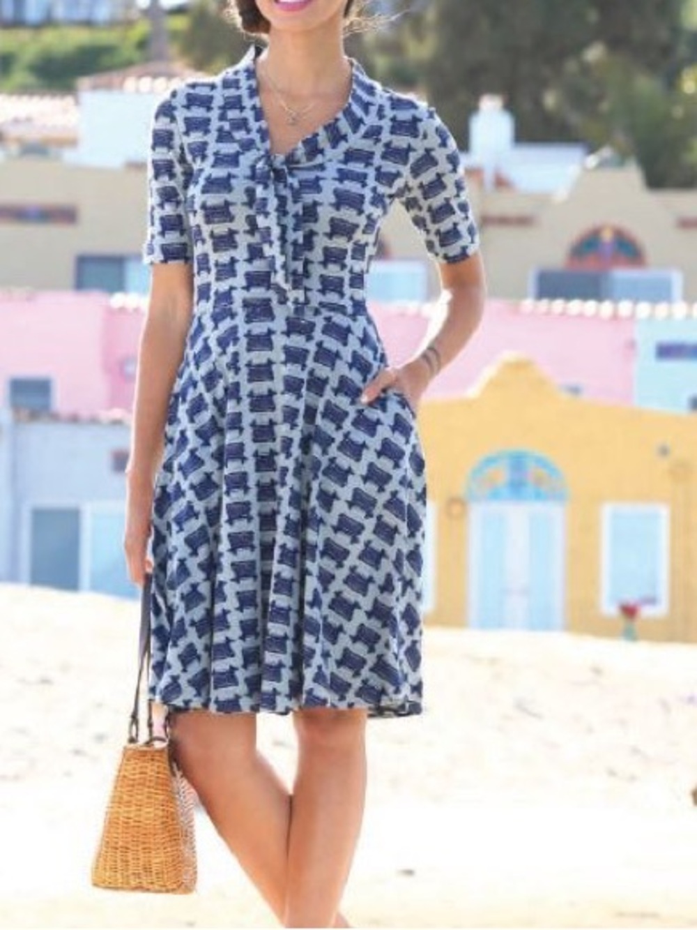 Effie's Heart Gray/ Blue Liz Typewriter Print Retro Fit-and-Flare Dress Medium
